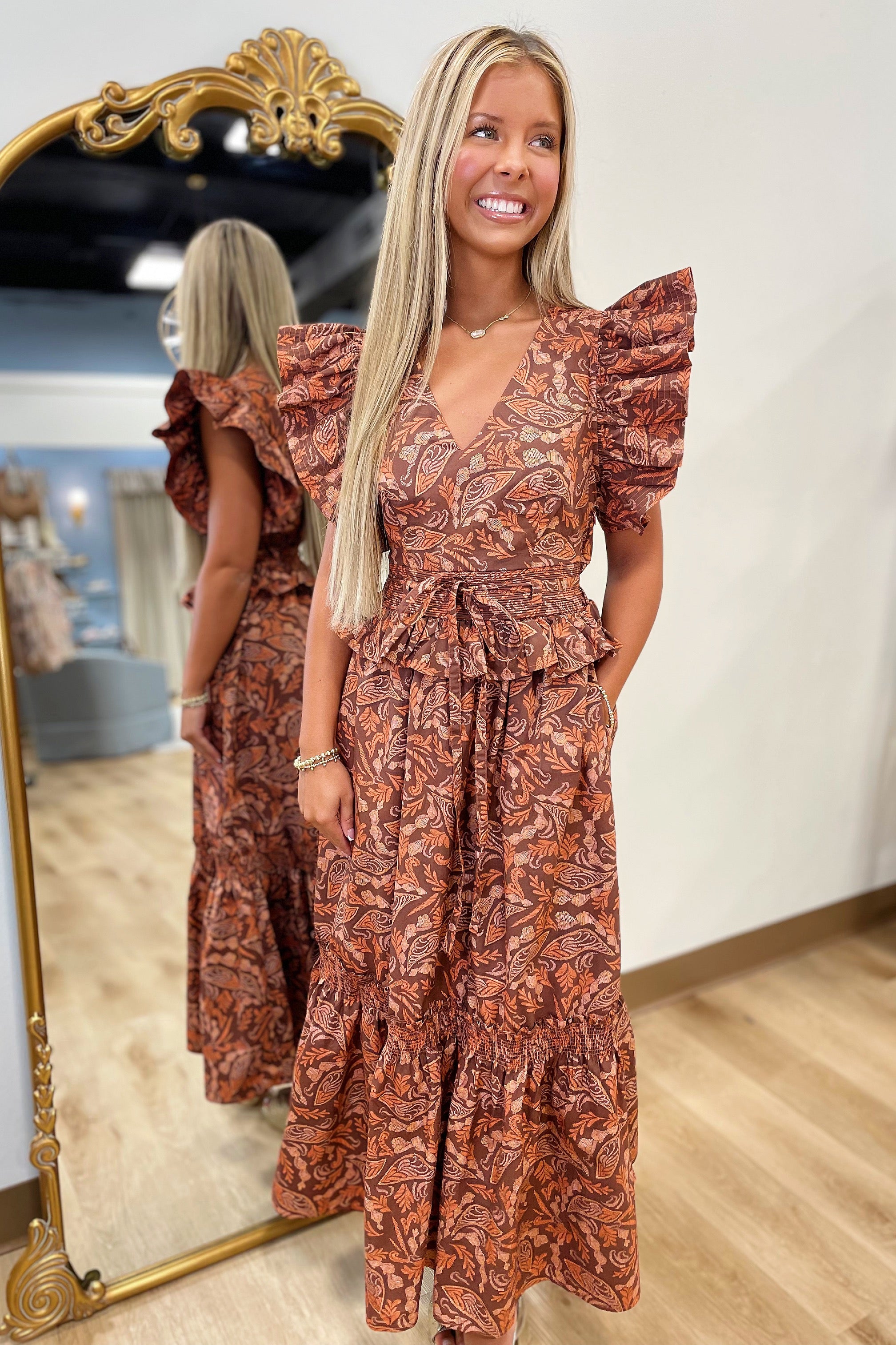 Rustic Charm Printed Midi Dress Rust