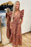 Rustic Charm Printed Midi Dress Rust