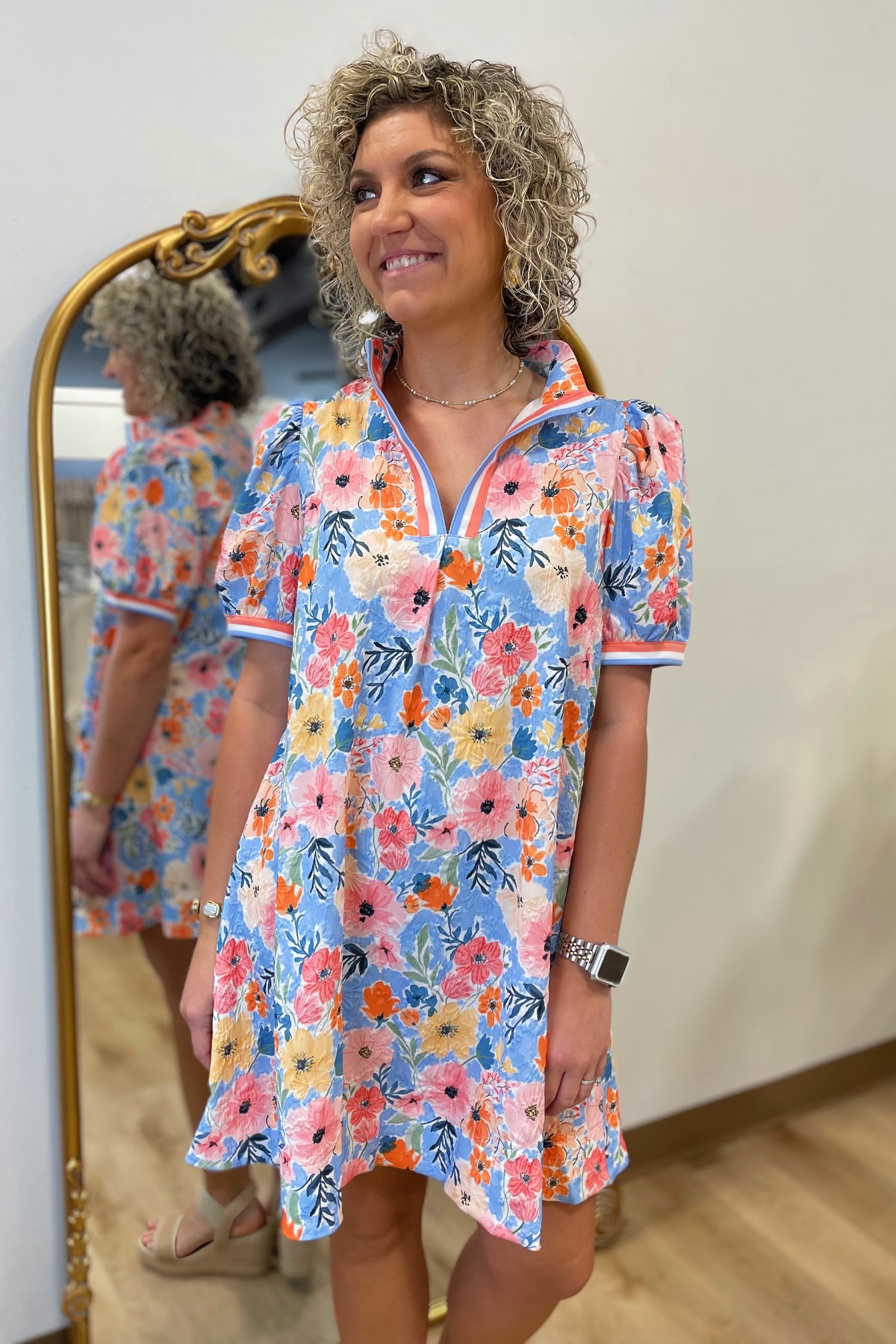 Umgee Flower Print Dress Pink/Blue