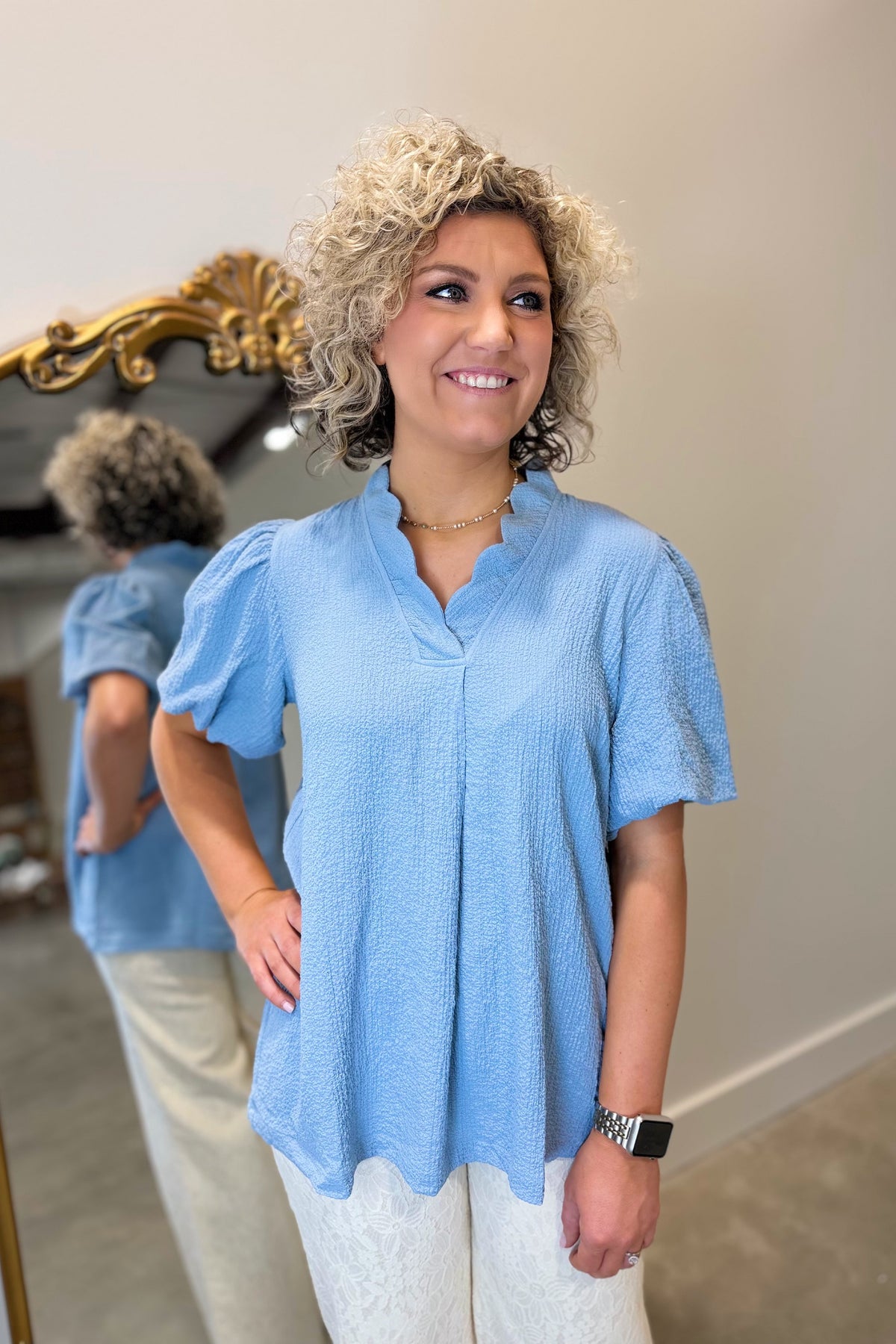Umgee Textured Blouse Misty Blue
