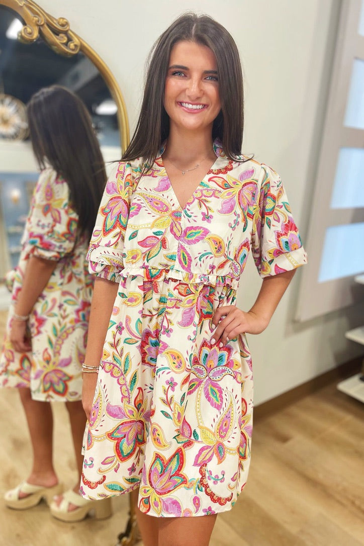 Flora Balloon Sleeve Flower Print Dress