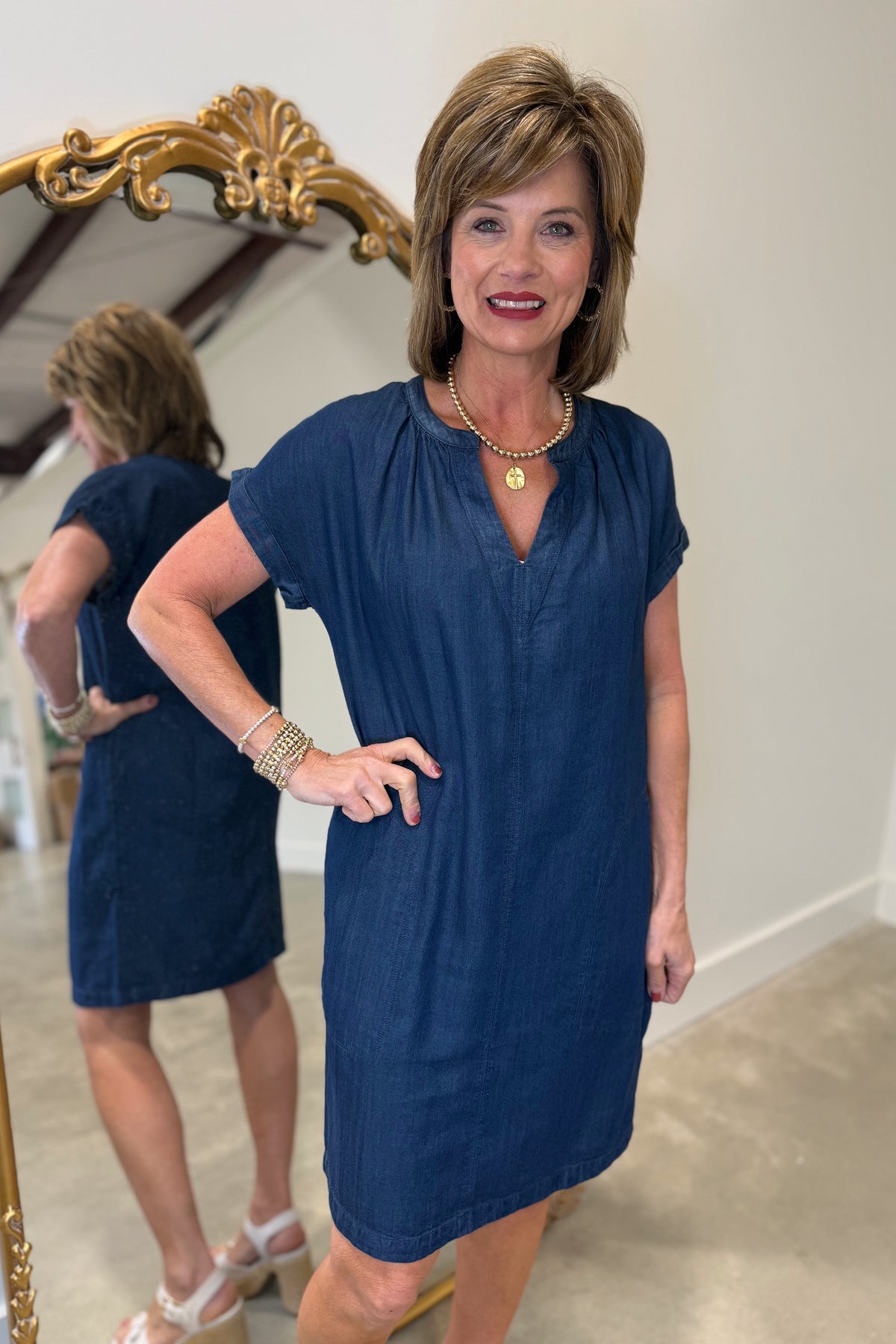 Renuar Cap Sleeve Denim Dress Indigo