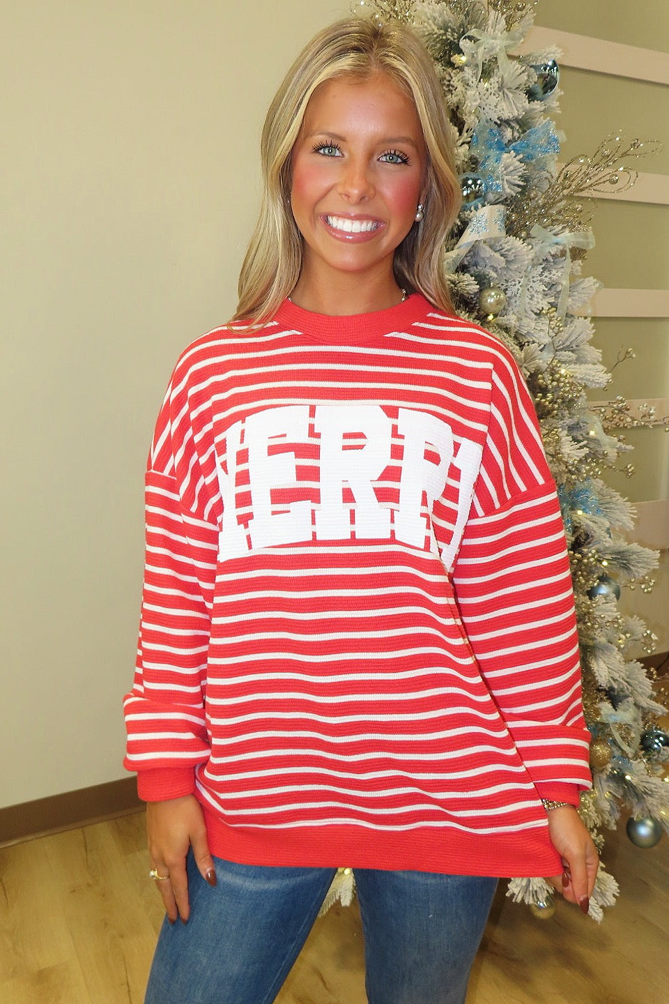 MERRY Stripe Graphic Sweatshirt Red