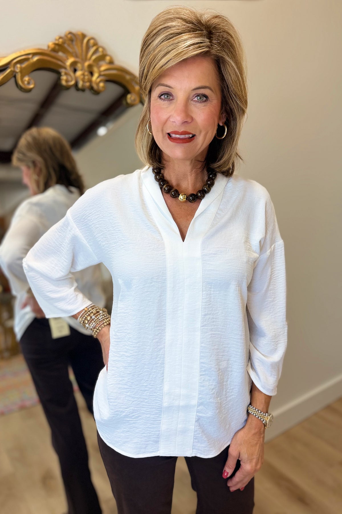 Renuar Split Neck Woven Blouse Creme