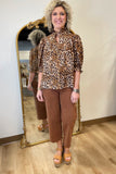 Umgee Ruffle Neck Leopard Print Top Brown