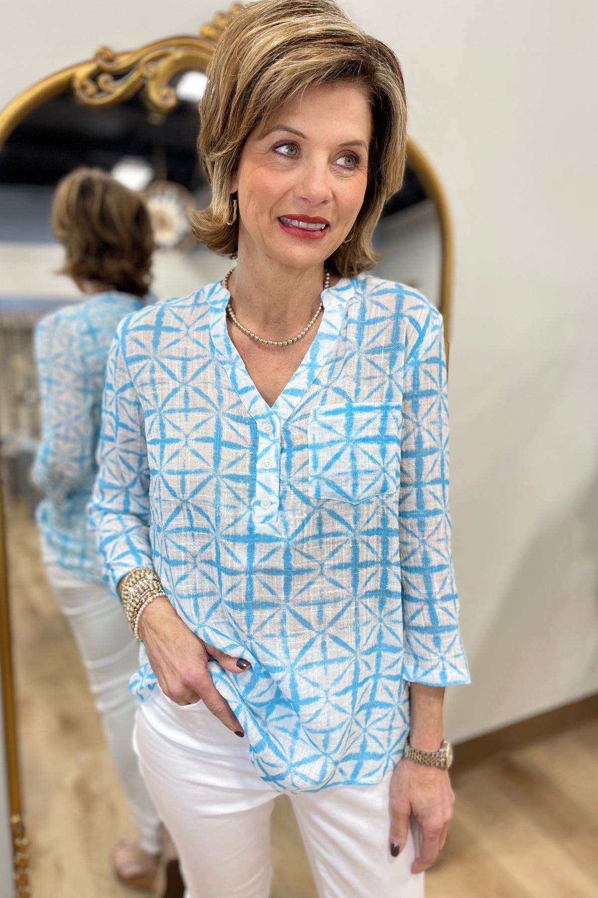 Charlie B Printed Cotton Gauze Blouse Lagoon