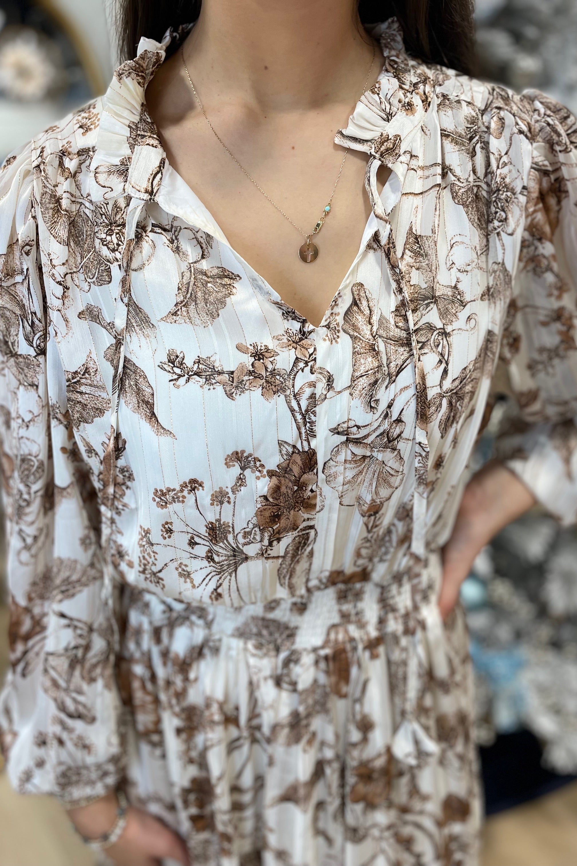 Umgee Elastic Waist Floral Dress Ivory