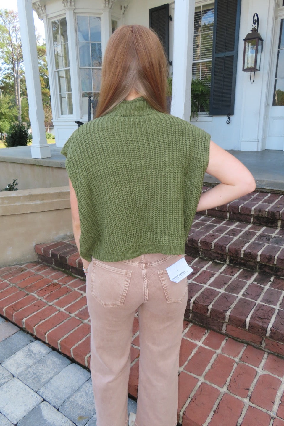 Spice Spice Baby Drop Shoulder Mock Neck Sweater Vest Olive