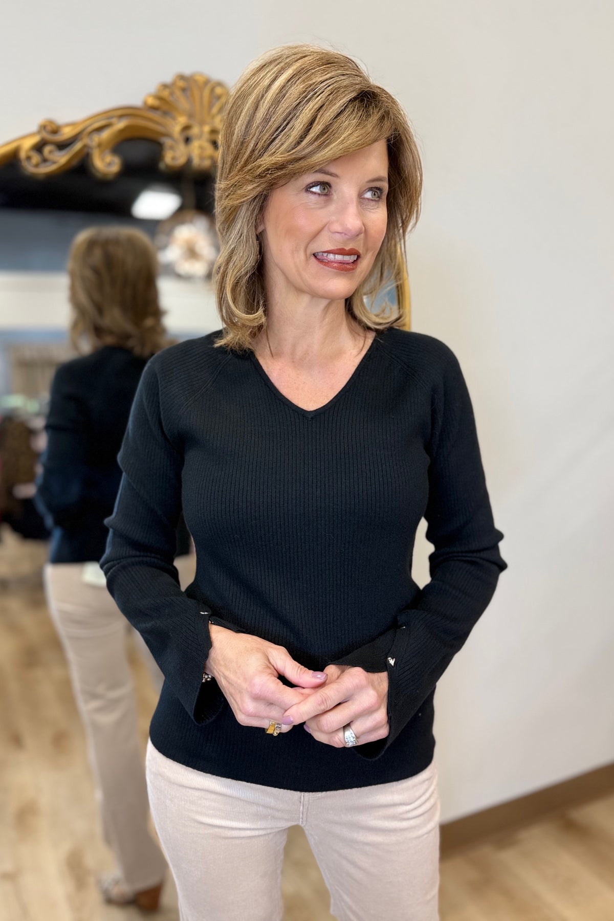 Charlie B V Neck Sweater w Heart Rivets Black