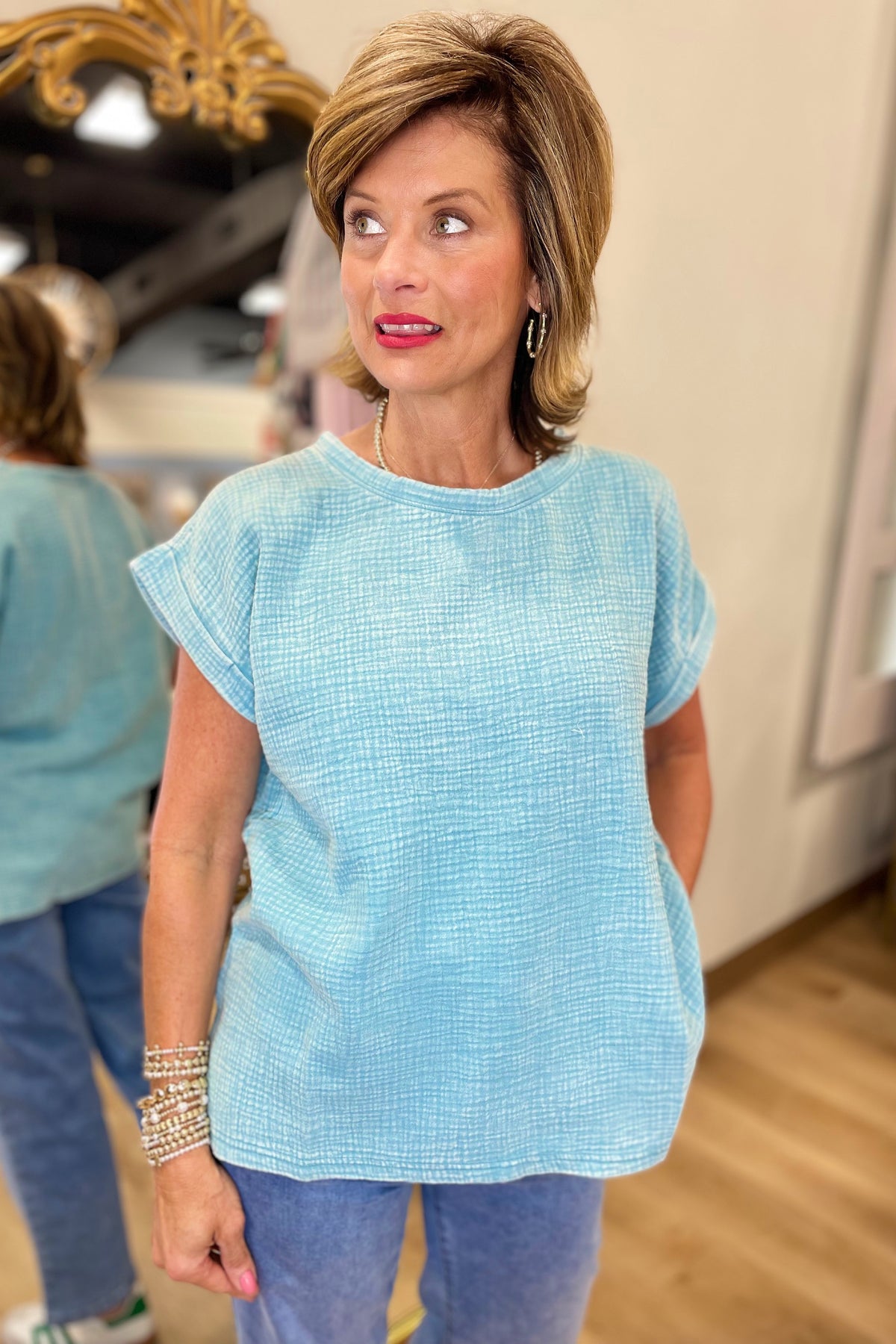 Going w Gauze Acid Washed Top Dusty Teal