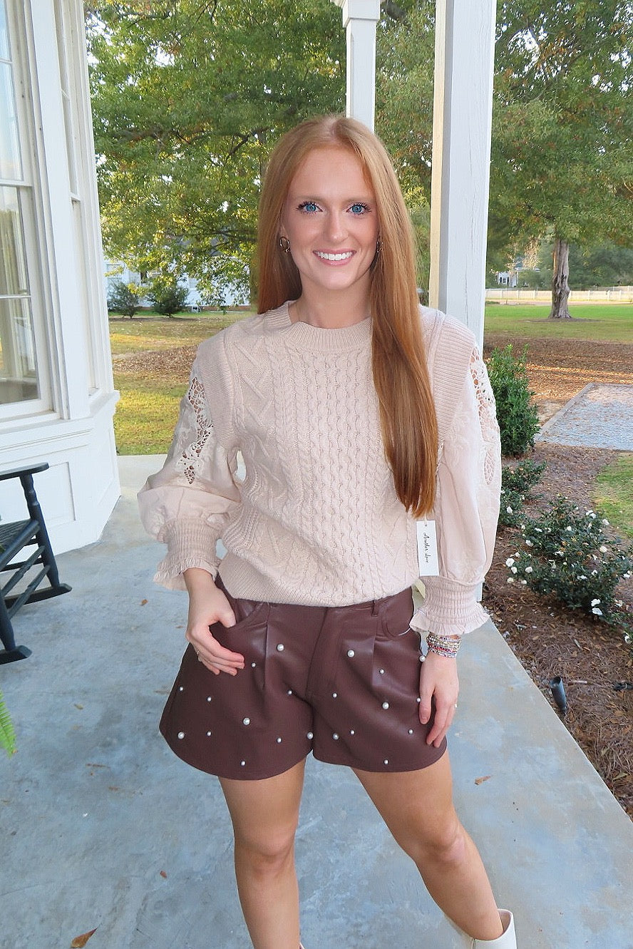 Sugar Cookie Lace Sleeve Crew Neck Sweater