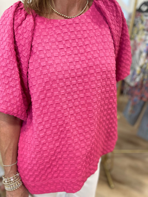 Umgee Textured Round Neck Tulip Sleeve Top Hot Pink