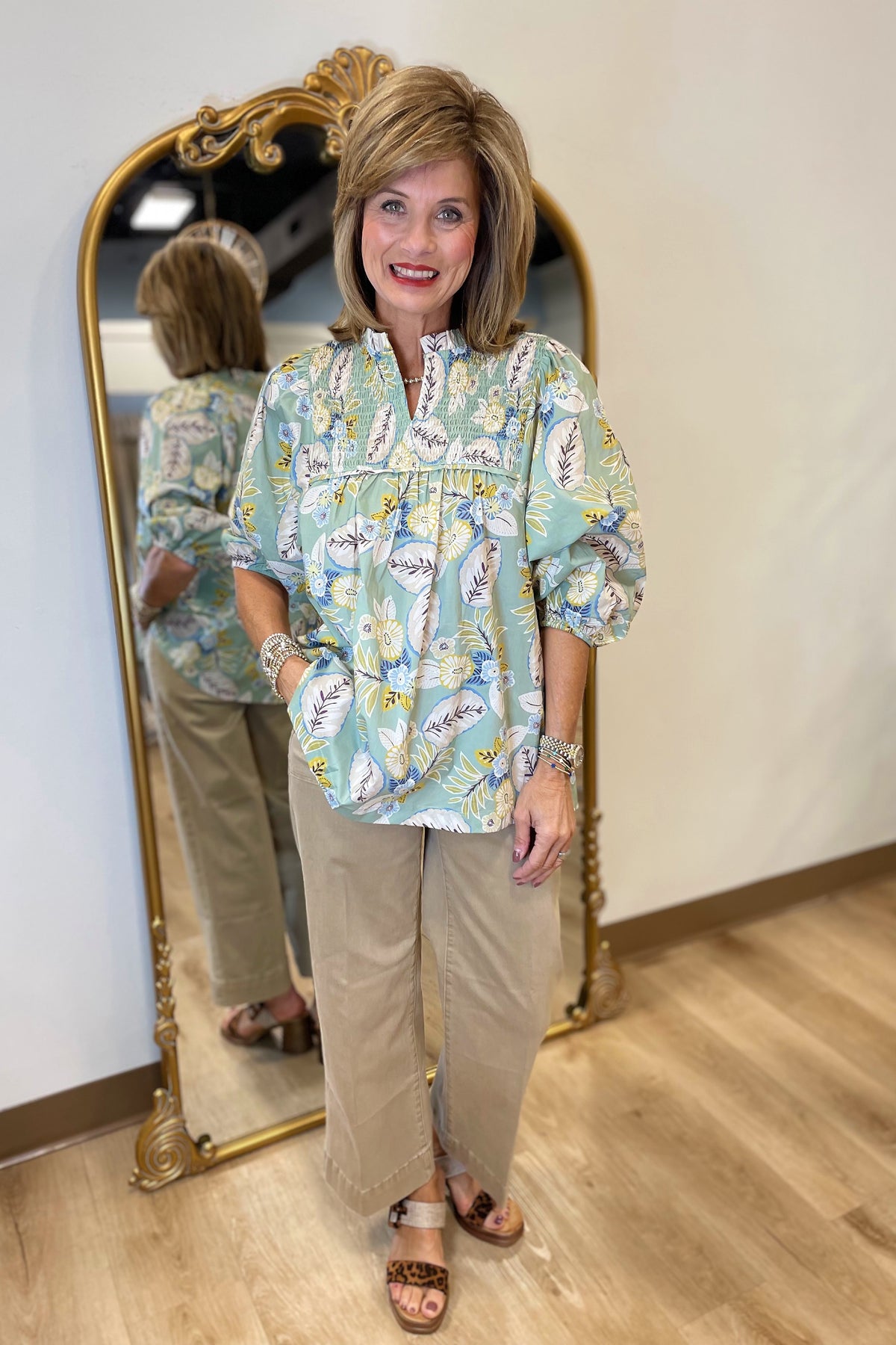 Umgee Abstract Print Blouse Sage