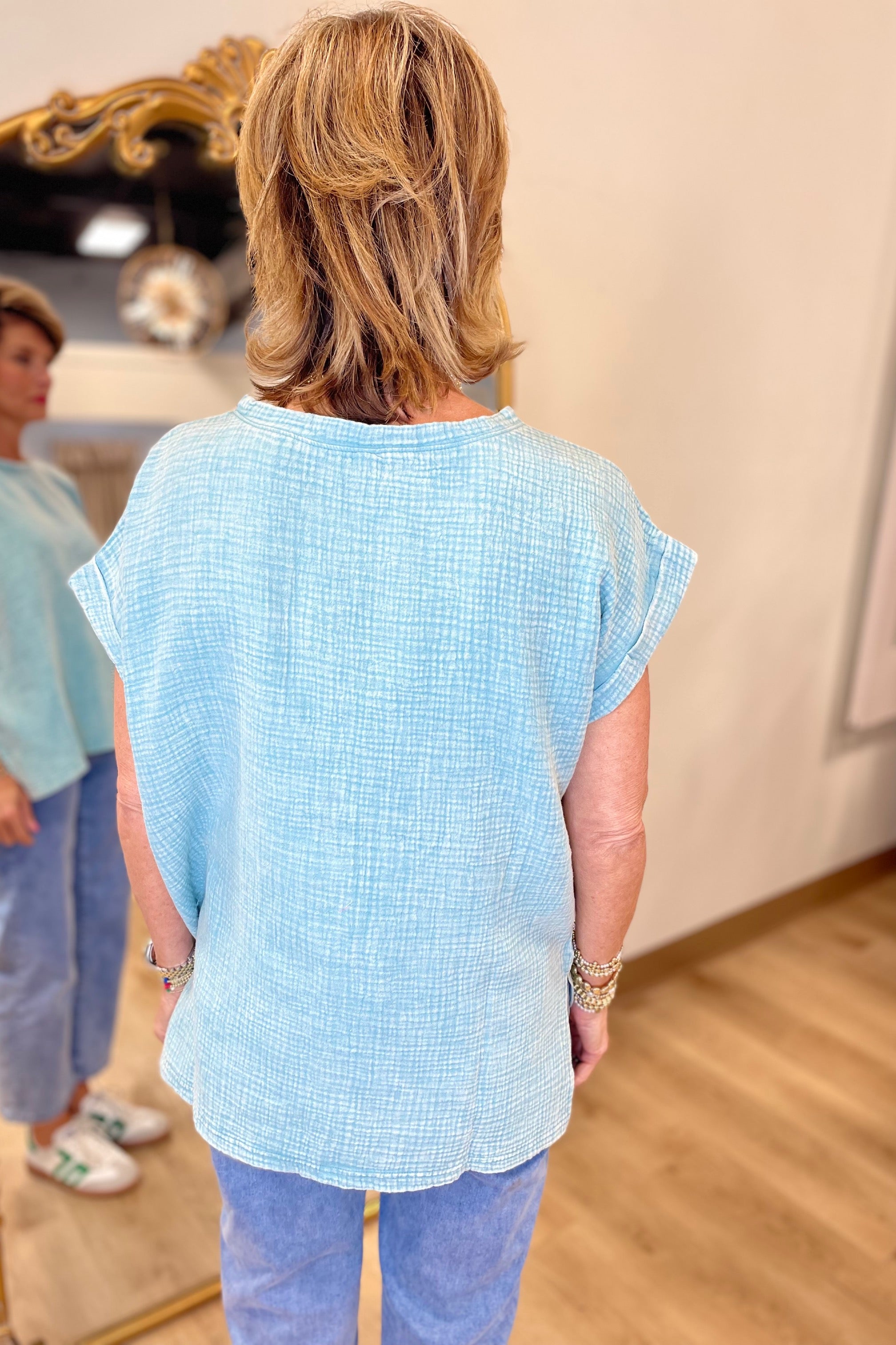 Going w Gauze Acid Washed Top Dusty Teal