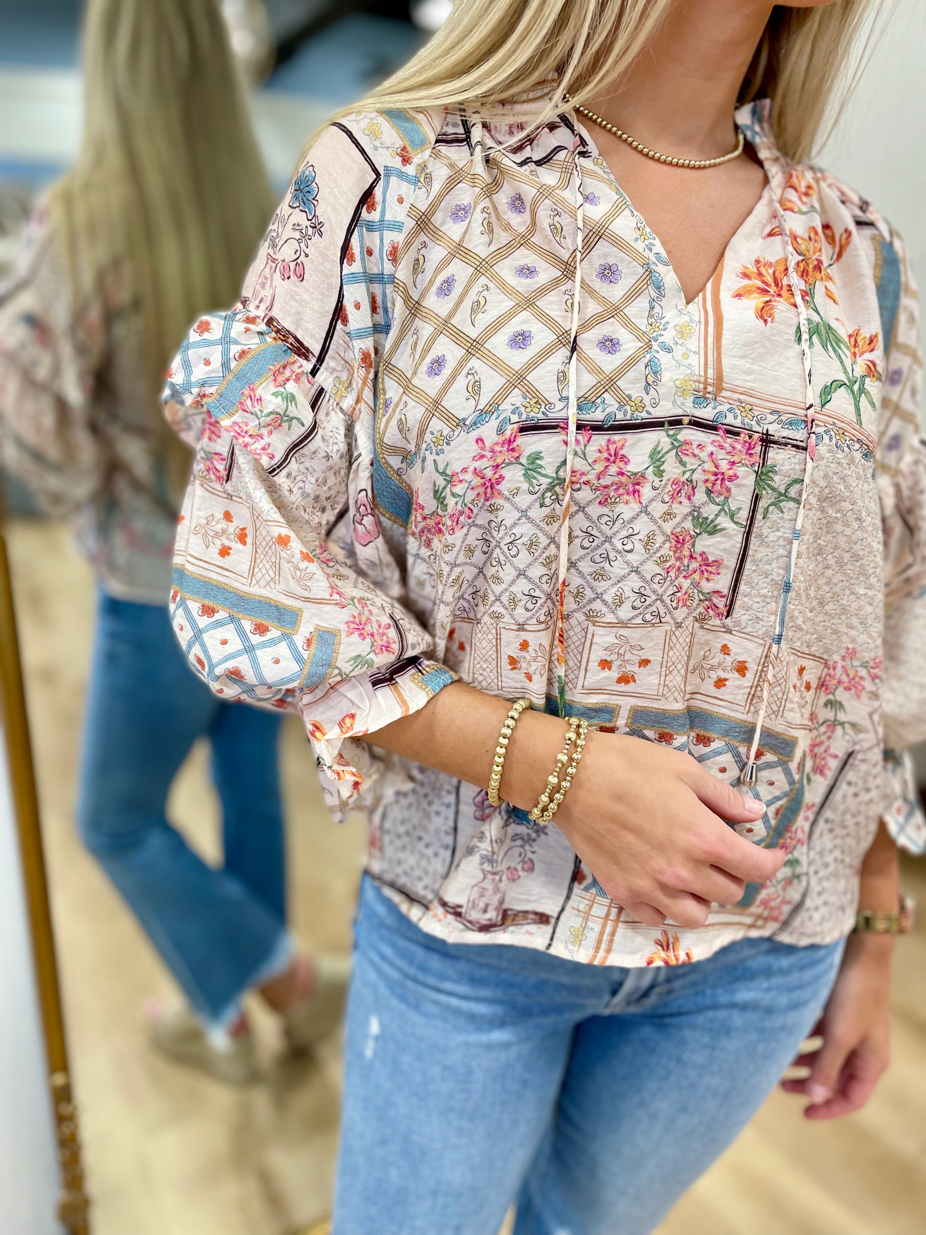 Bishop Sleeve Cream Print Top