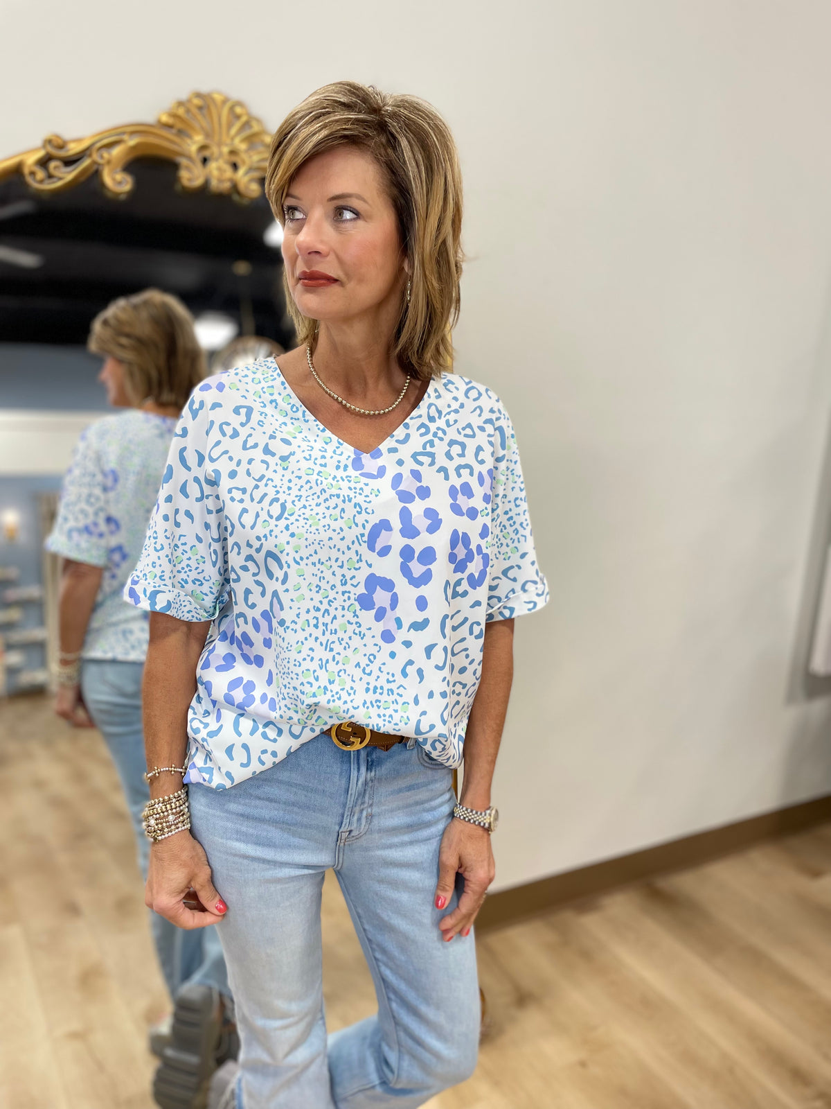 Mixed Leopard Print Top Blue