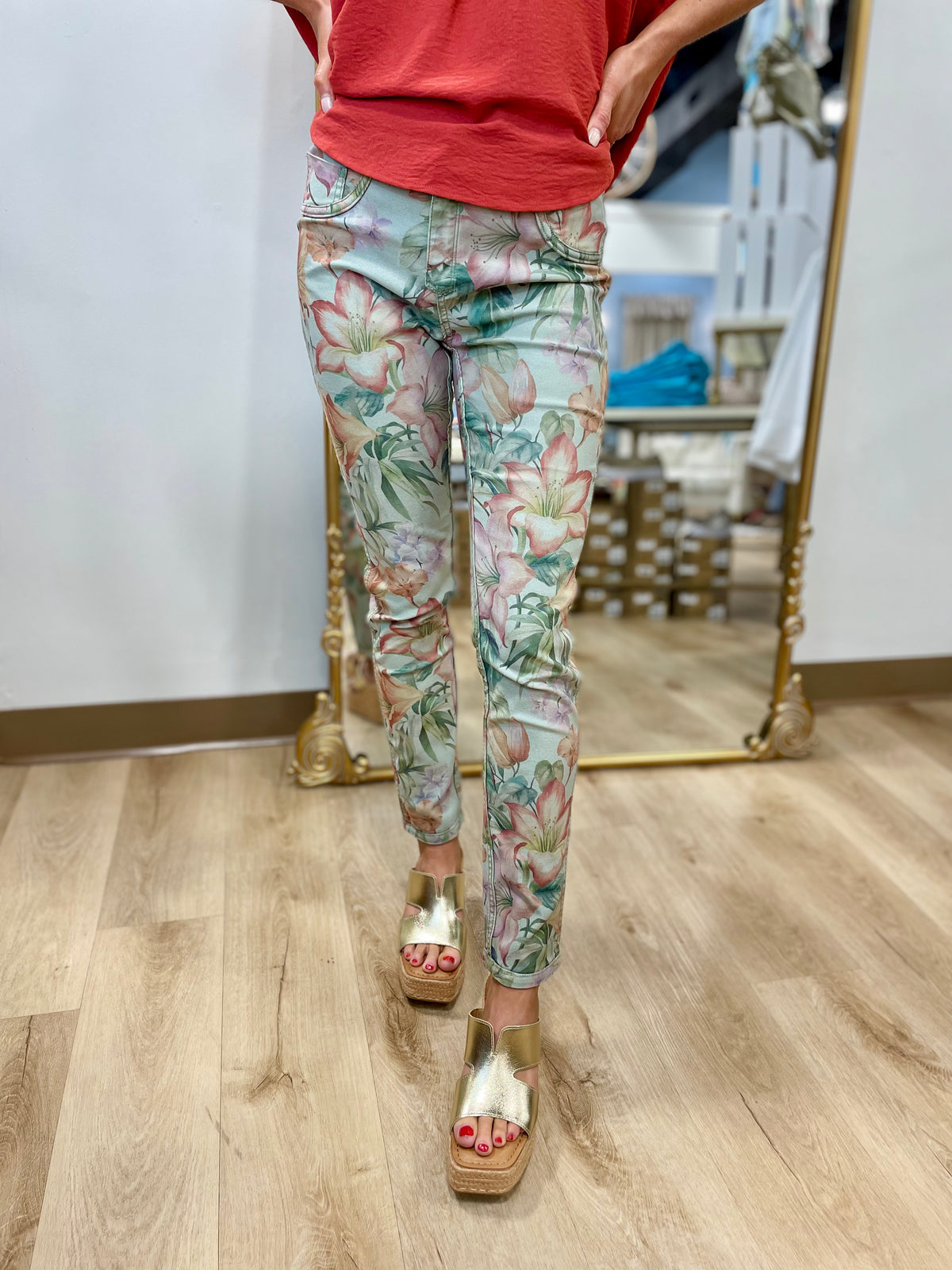 Tempo Paris Olive Floral Reversible Pants