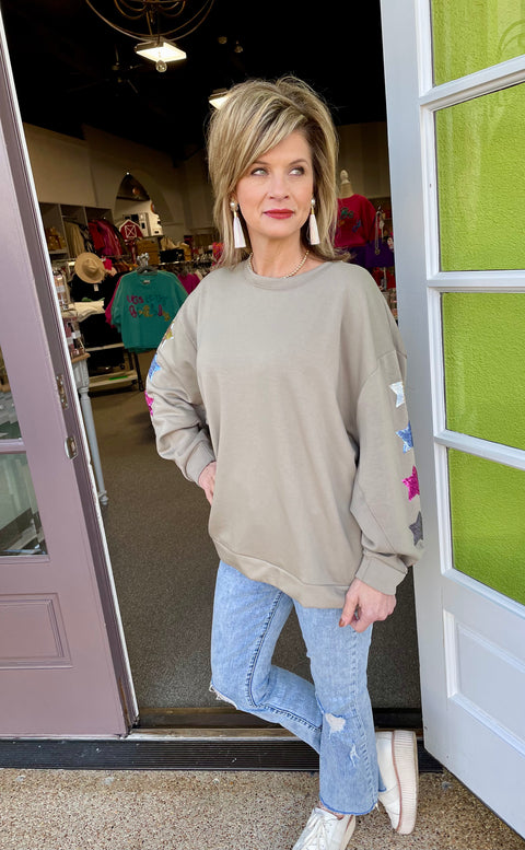 Mary Square Jules Sequin Star Olive Sweatshirt