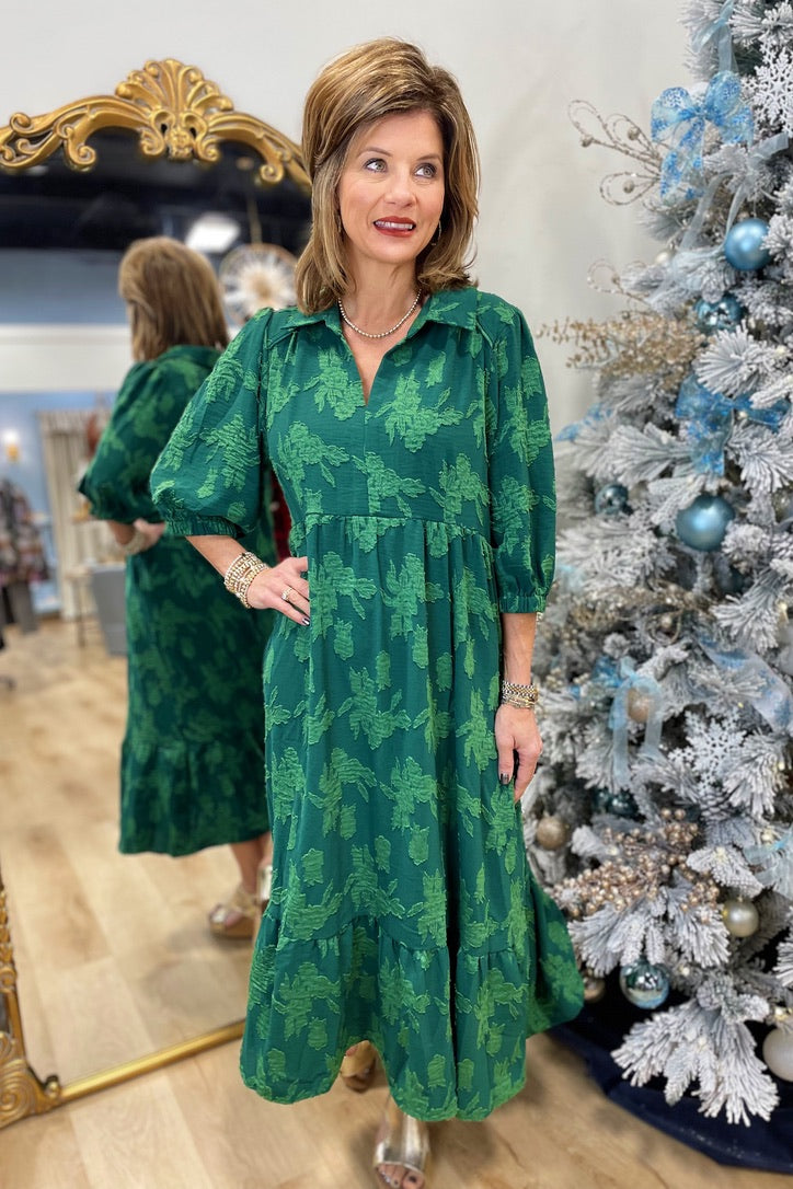 Umgee Floral Burnout Midi Dress Green