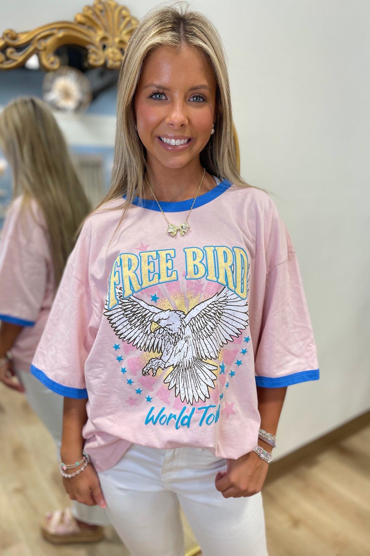 PUFF Free Bird World Tour Graphic Ringer Tee Royal Pink