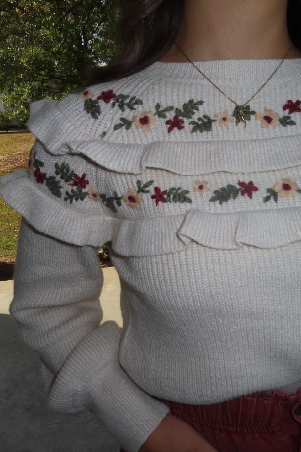 Fall Into Place Floral Embroidered Ruffle Sweater Taupe