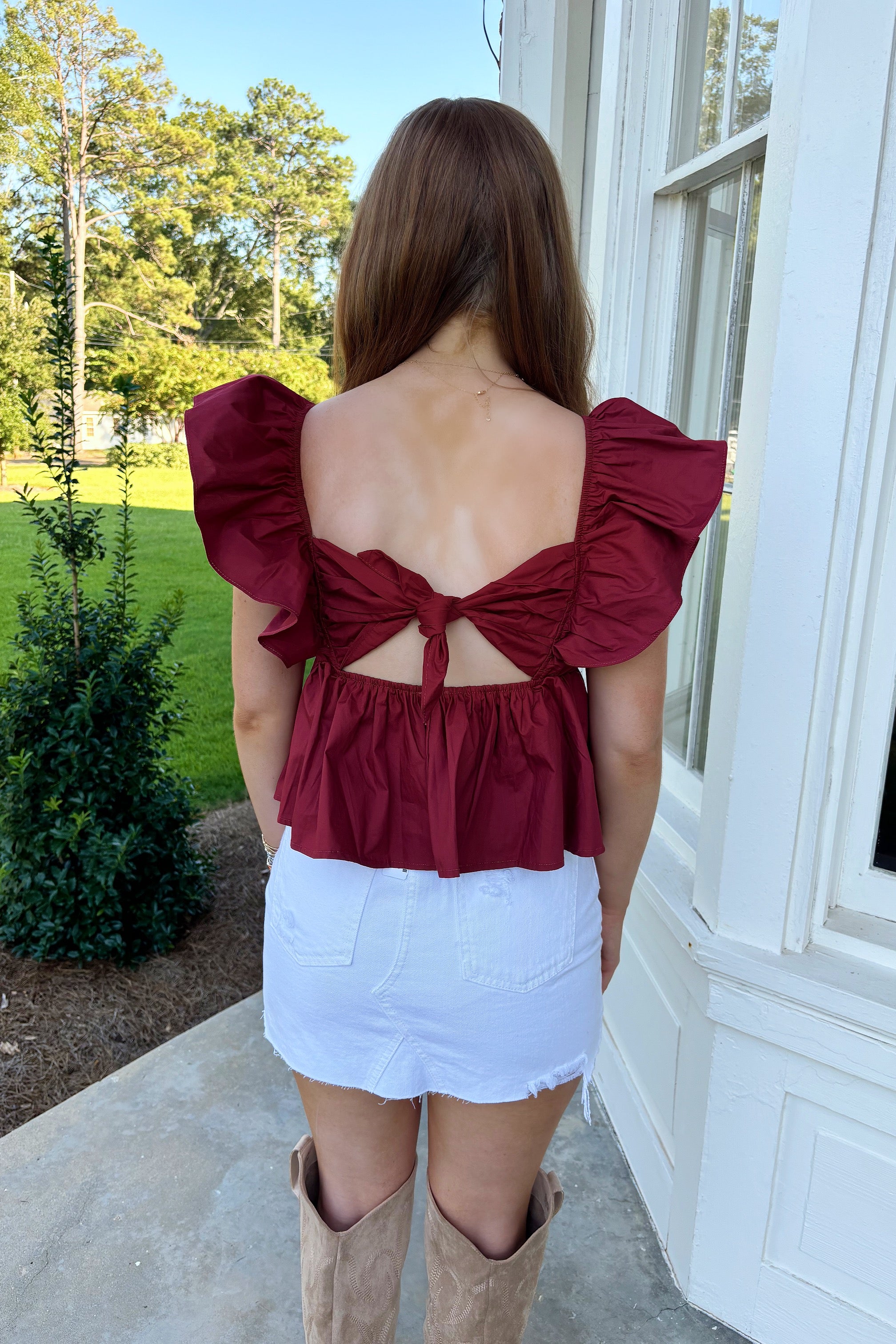 Ainsley Tie Back Babydoll Top Maroon