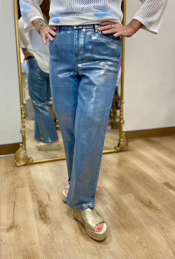 Charlie B Foil Straight Leg Pant Blue