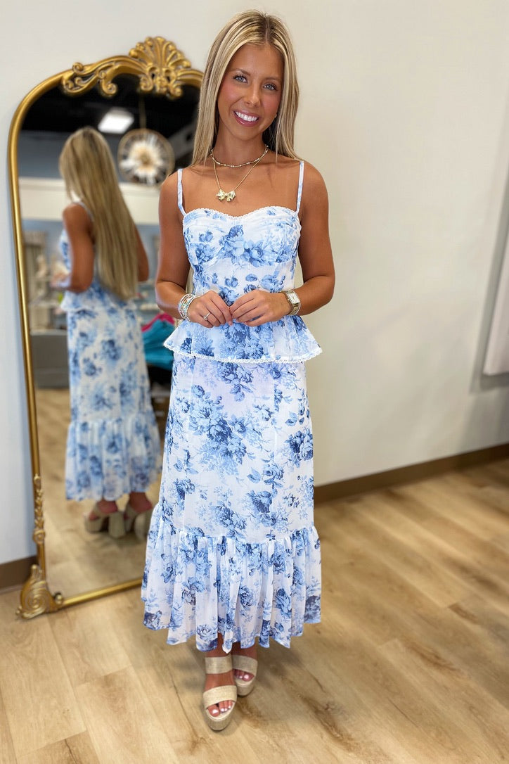 China Blue Bustier Midi Dress
