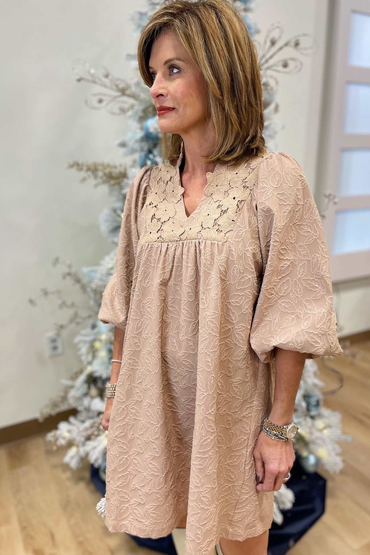 Umgee Floral Lace Contrast Dress Latte