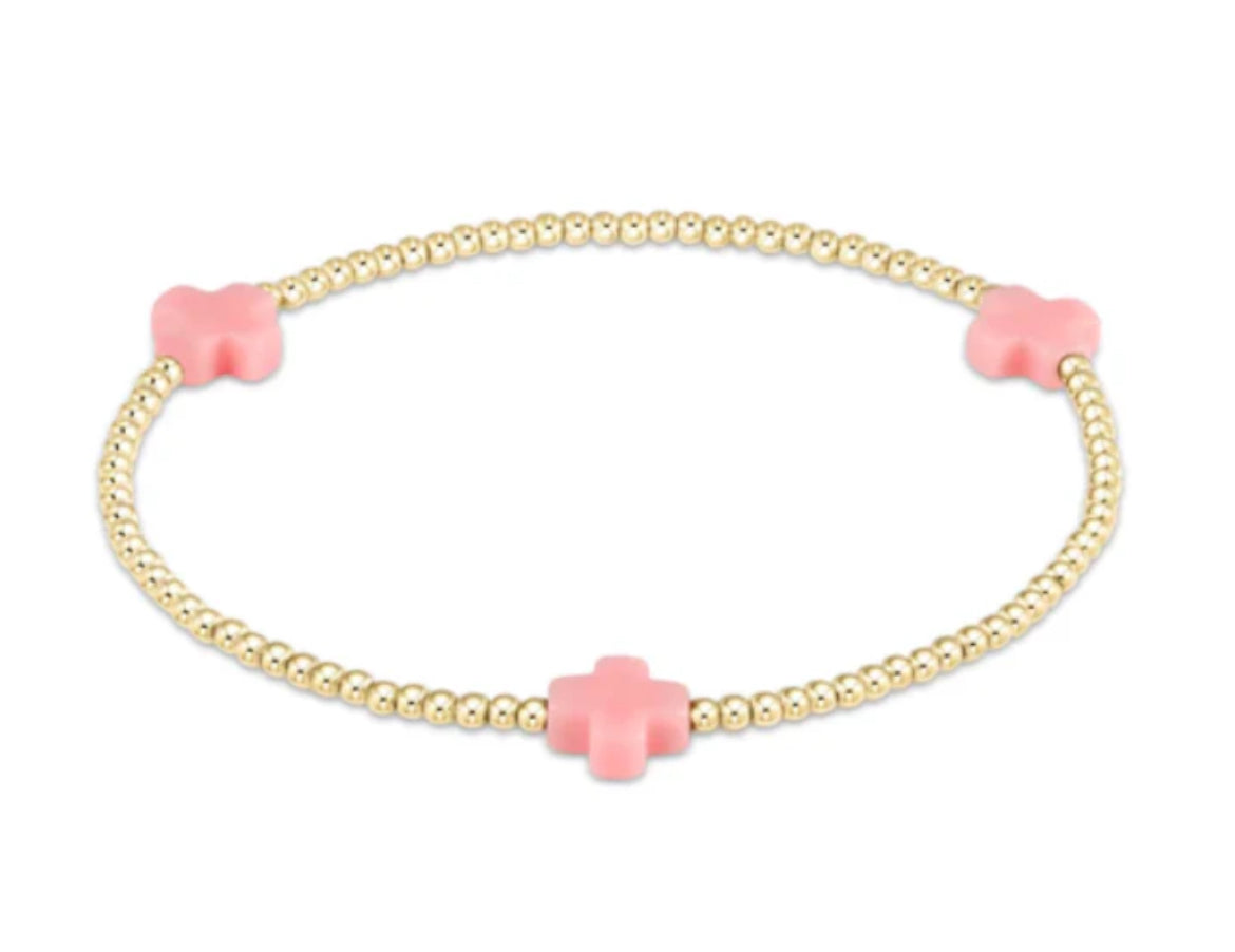 E Newton Signature Cross Gold Pattern 2mm Bead Bracelet Pink