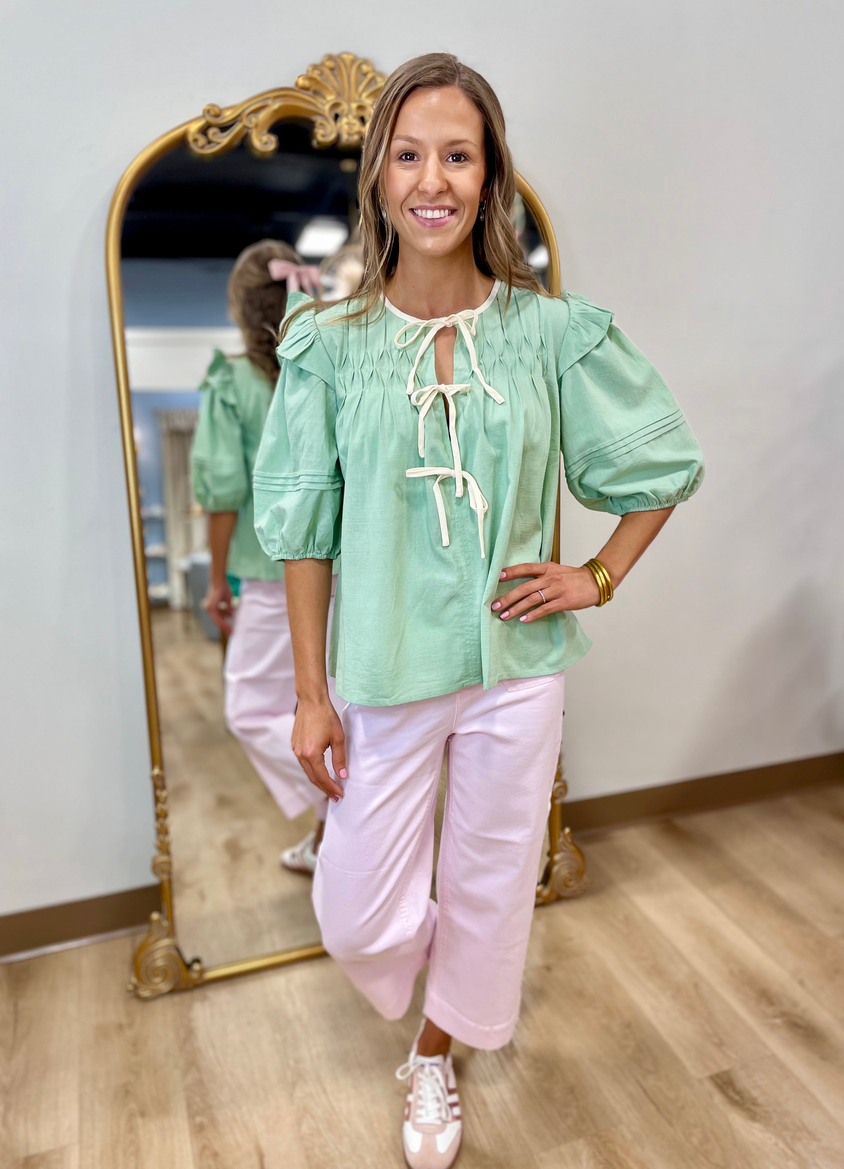 Quick Trip Bow Tie Top Sage