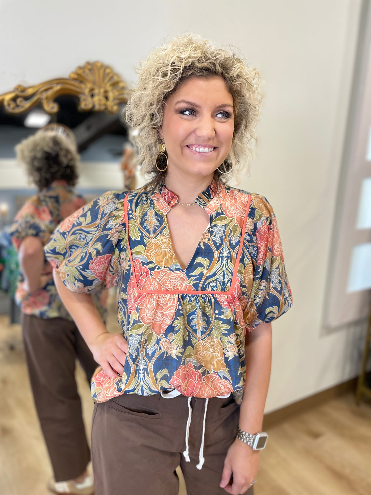 Umgee Floral Mix Top Navy