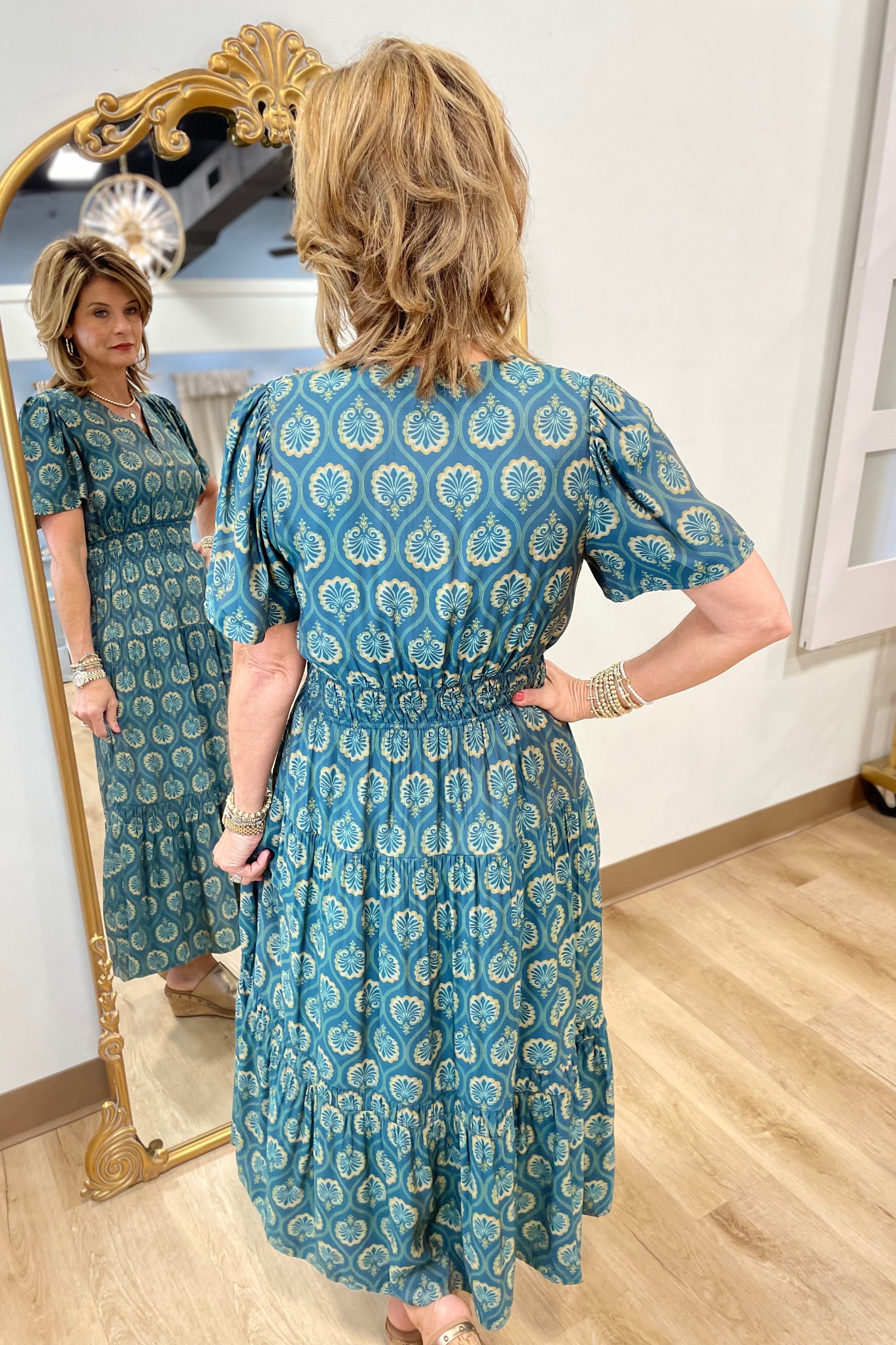 Nora Elastic Waist Midi Dress Teal