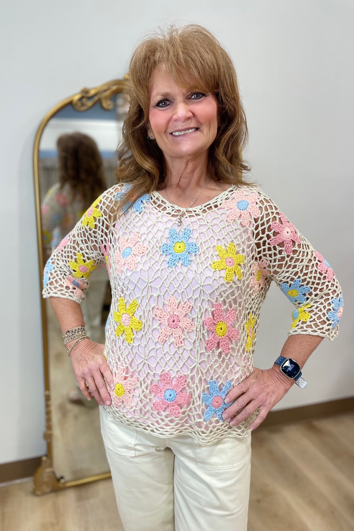 Charlie B Flower Fishnet Top Natural