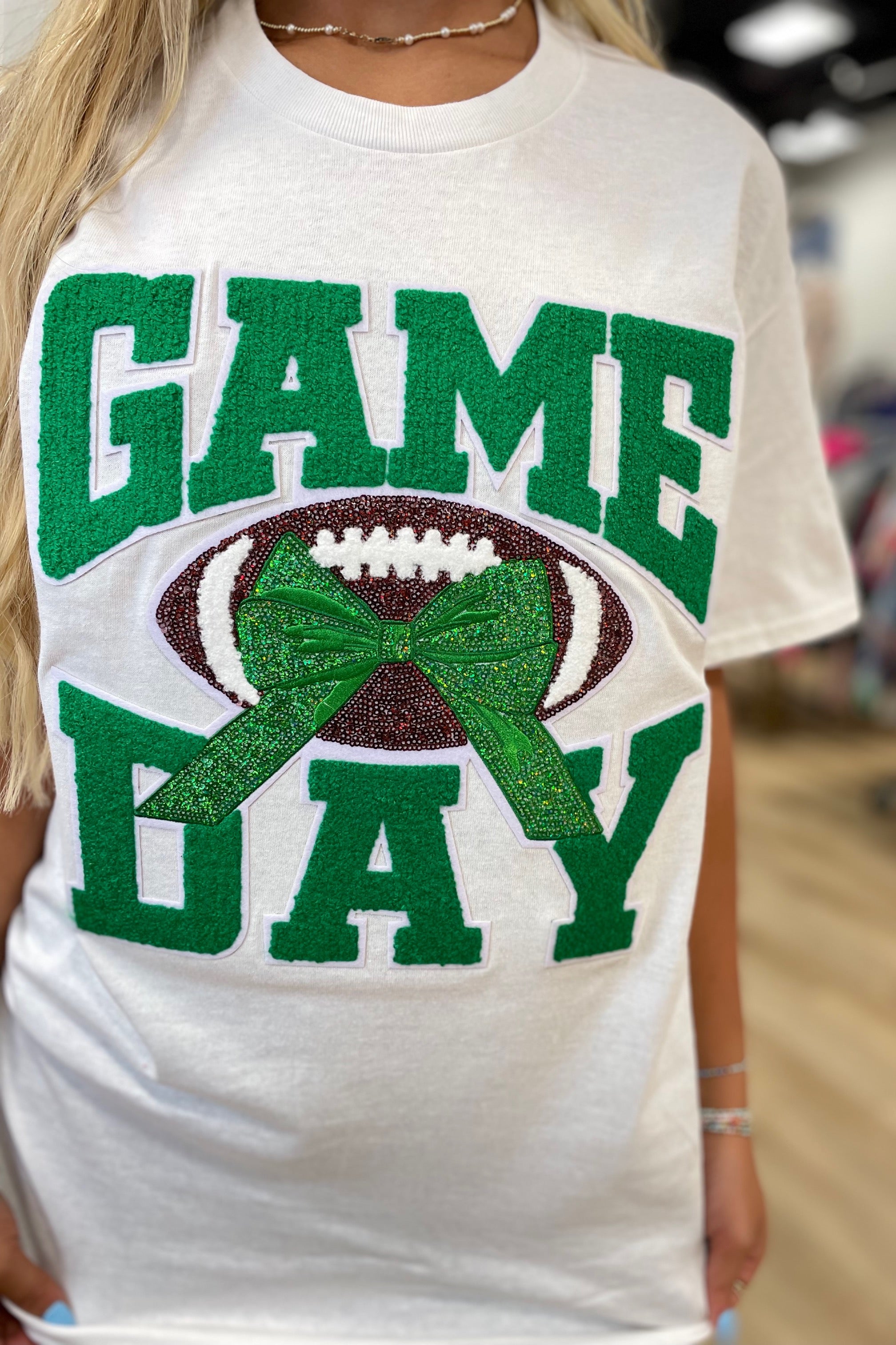 Bow Game Day Football Tee Green