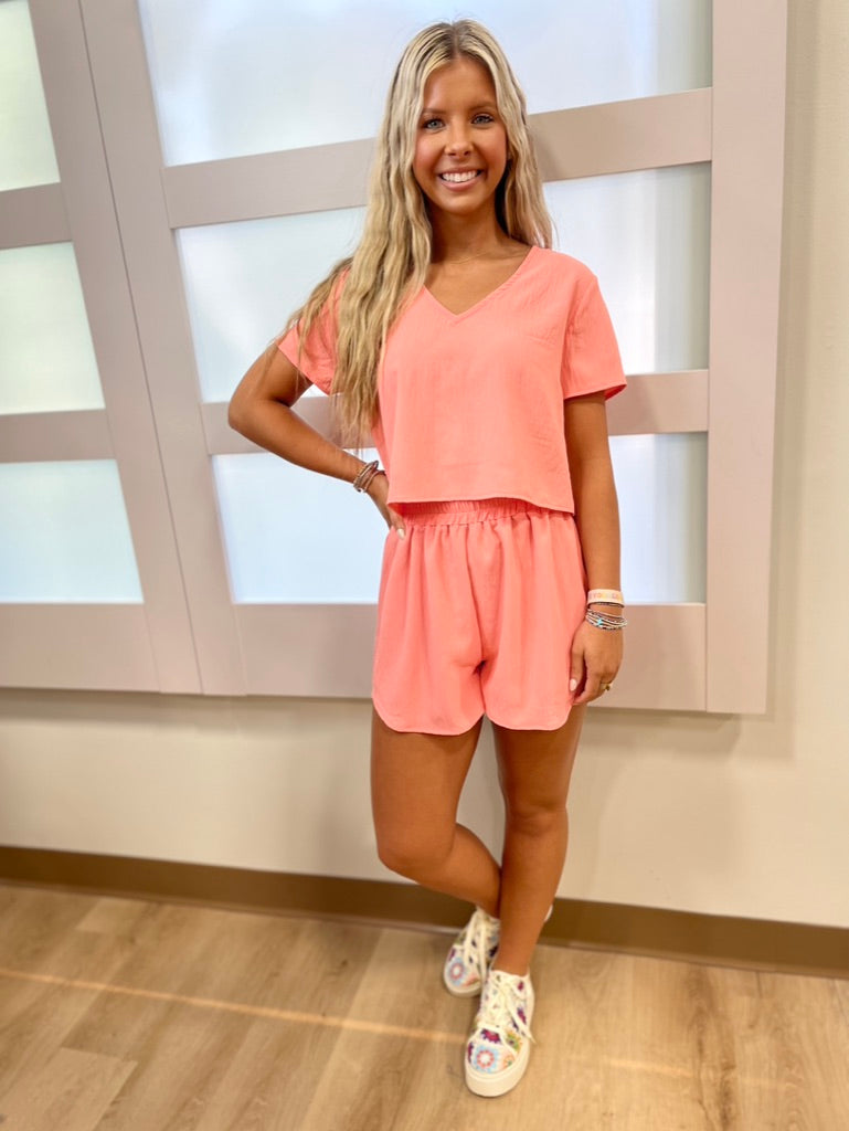 Malibu Crop 2 Piece Short Set Coral