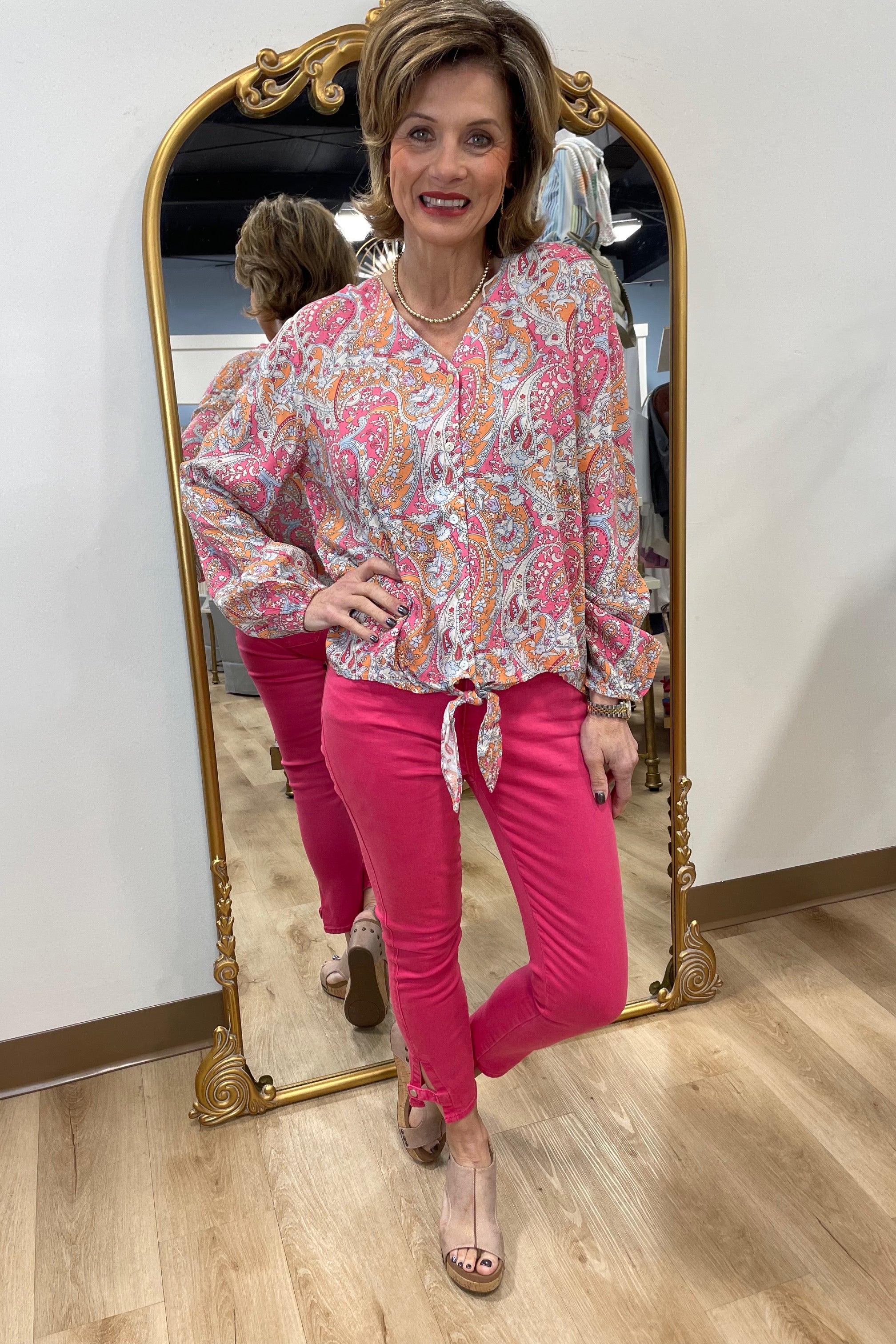 Charlie B Printed Front Ties Blouse Paisley