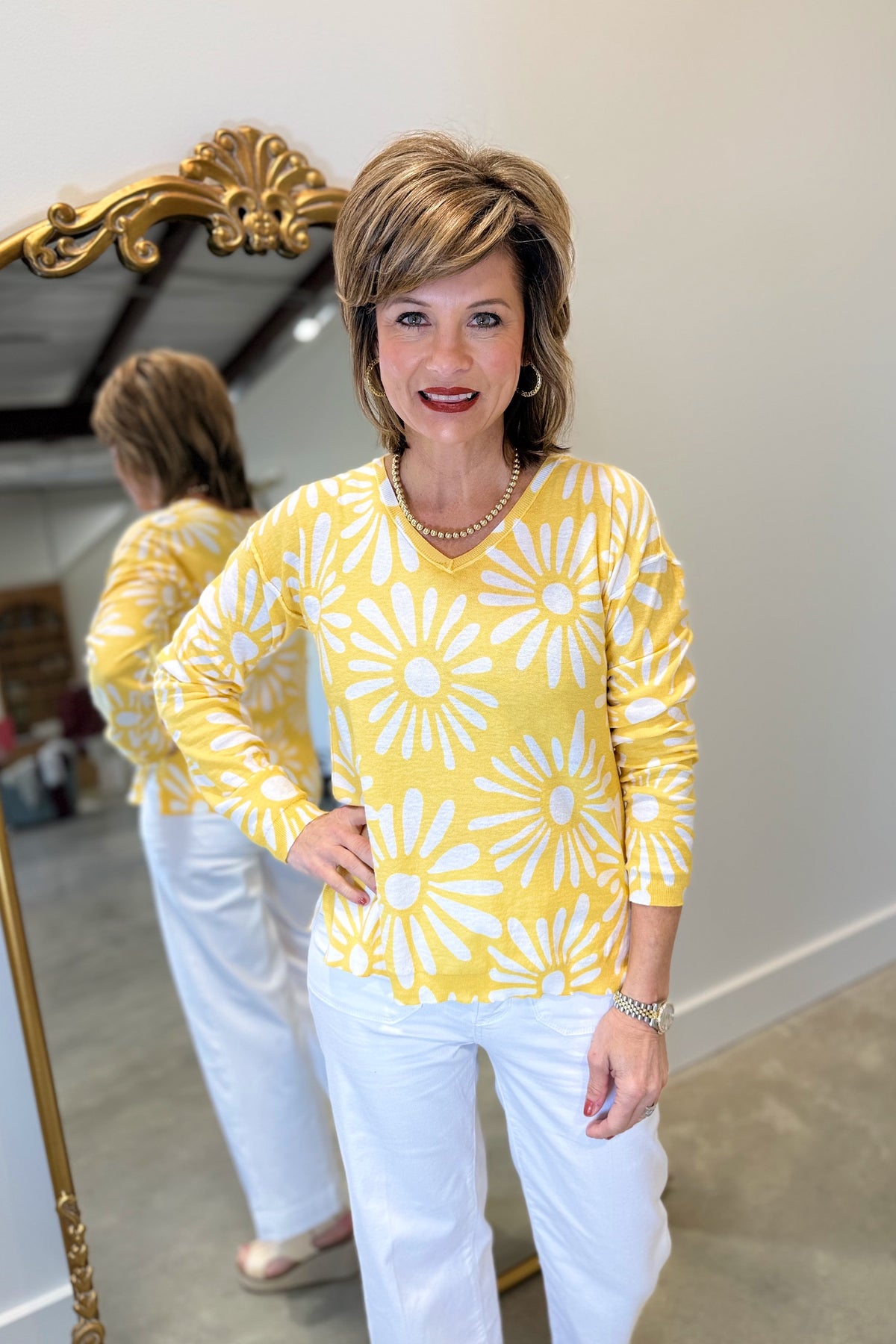 Charlie B Reversible V Neck Sweater Sunkiss