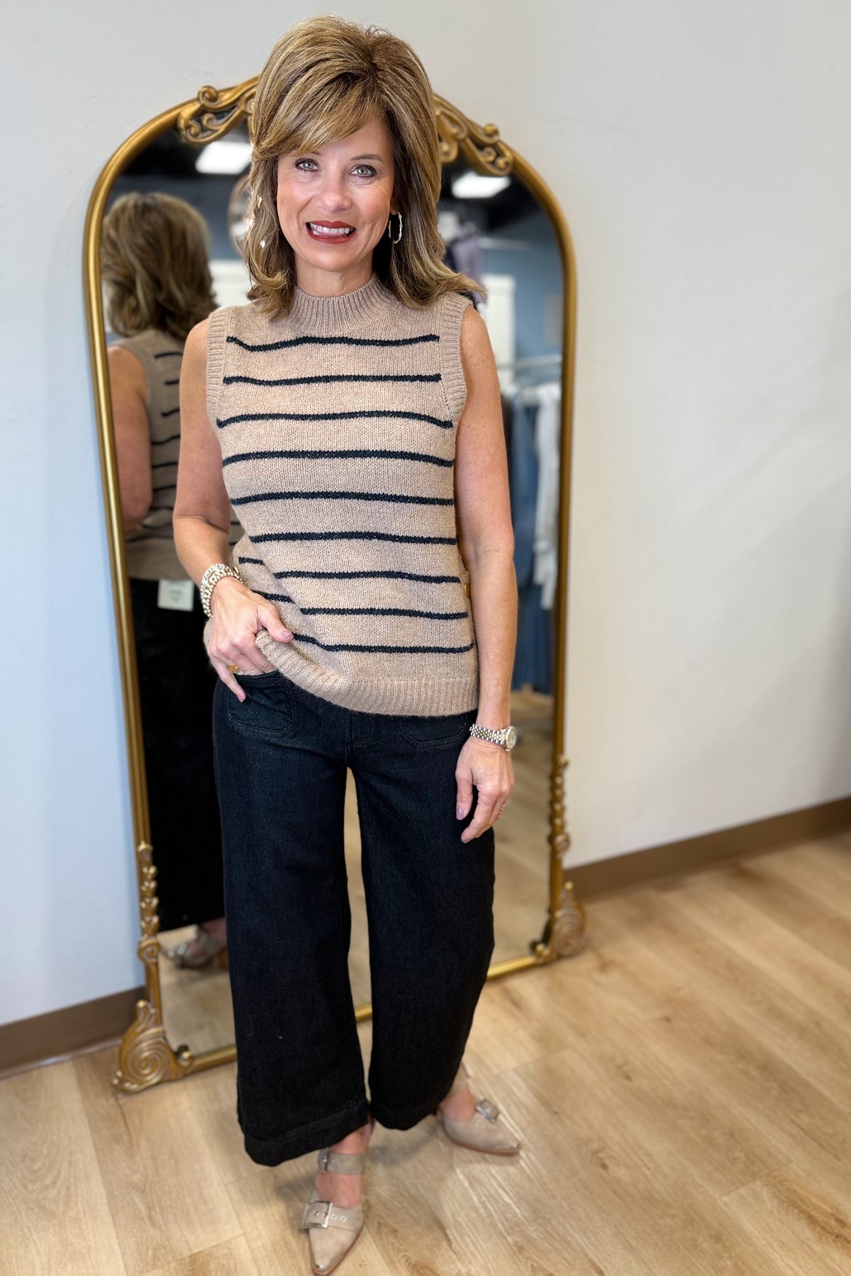 Charlie B Striped Sweater Vest Camel