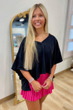 Brandi V Neck Semi Crop Slub Top Black