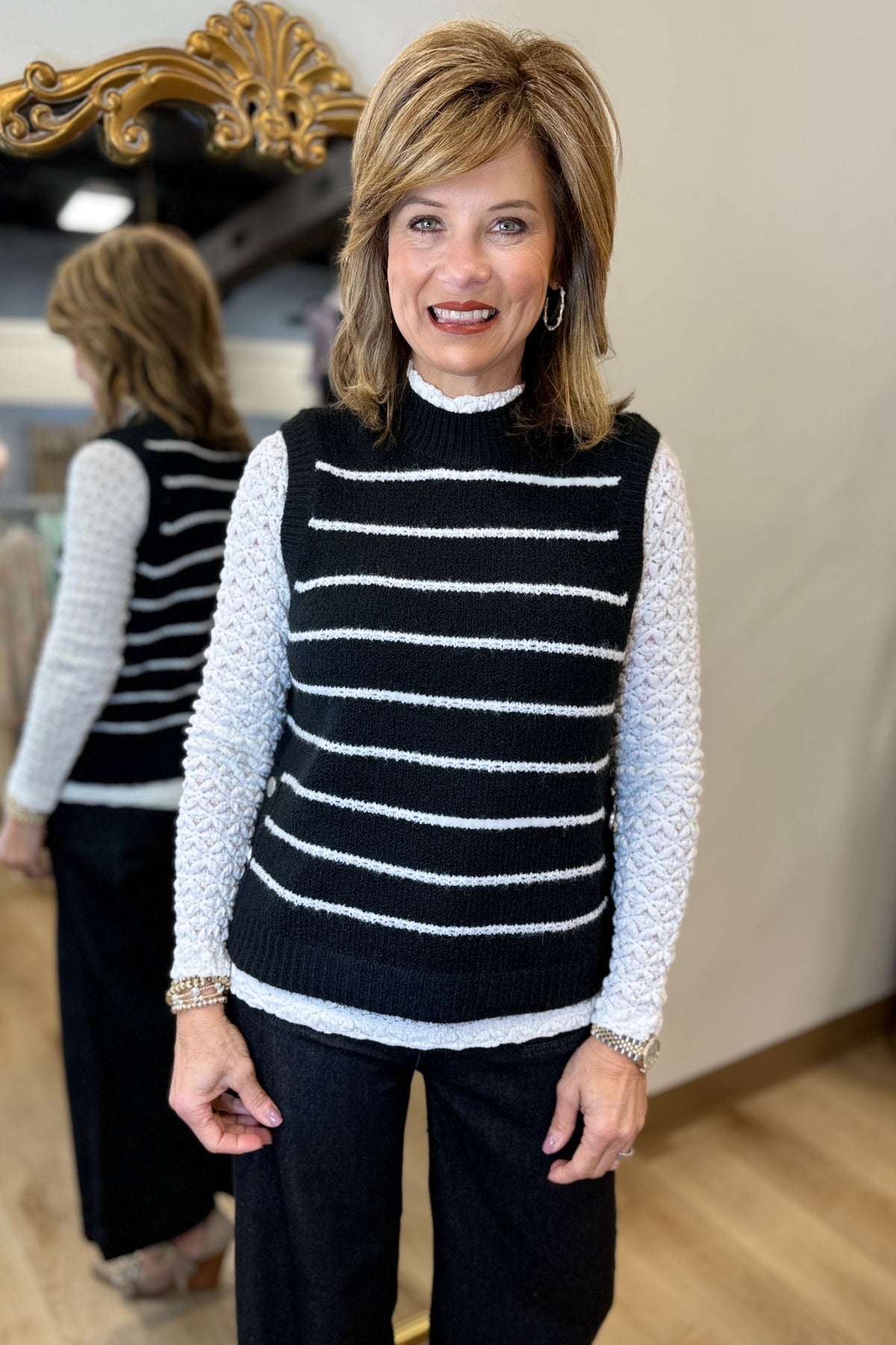 Charlie B Striped Sweater Vest Black