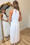 Pleated Perfection Halter Dress White