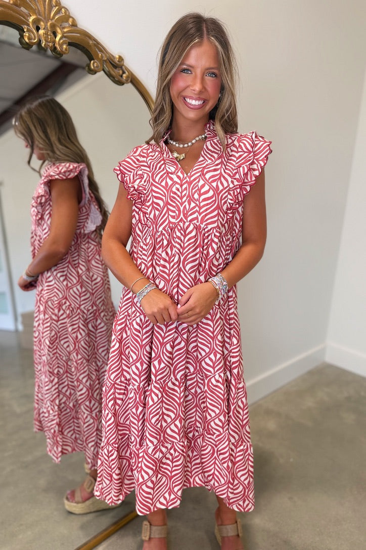 Umgee Rose Swirls Scalloped Midi Dress