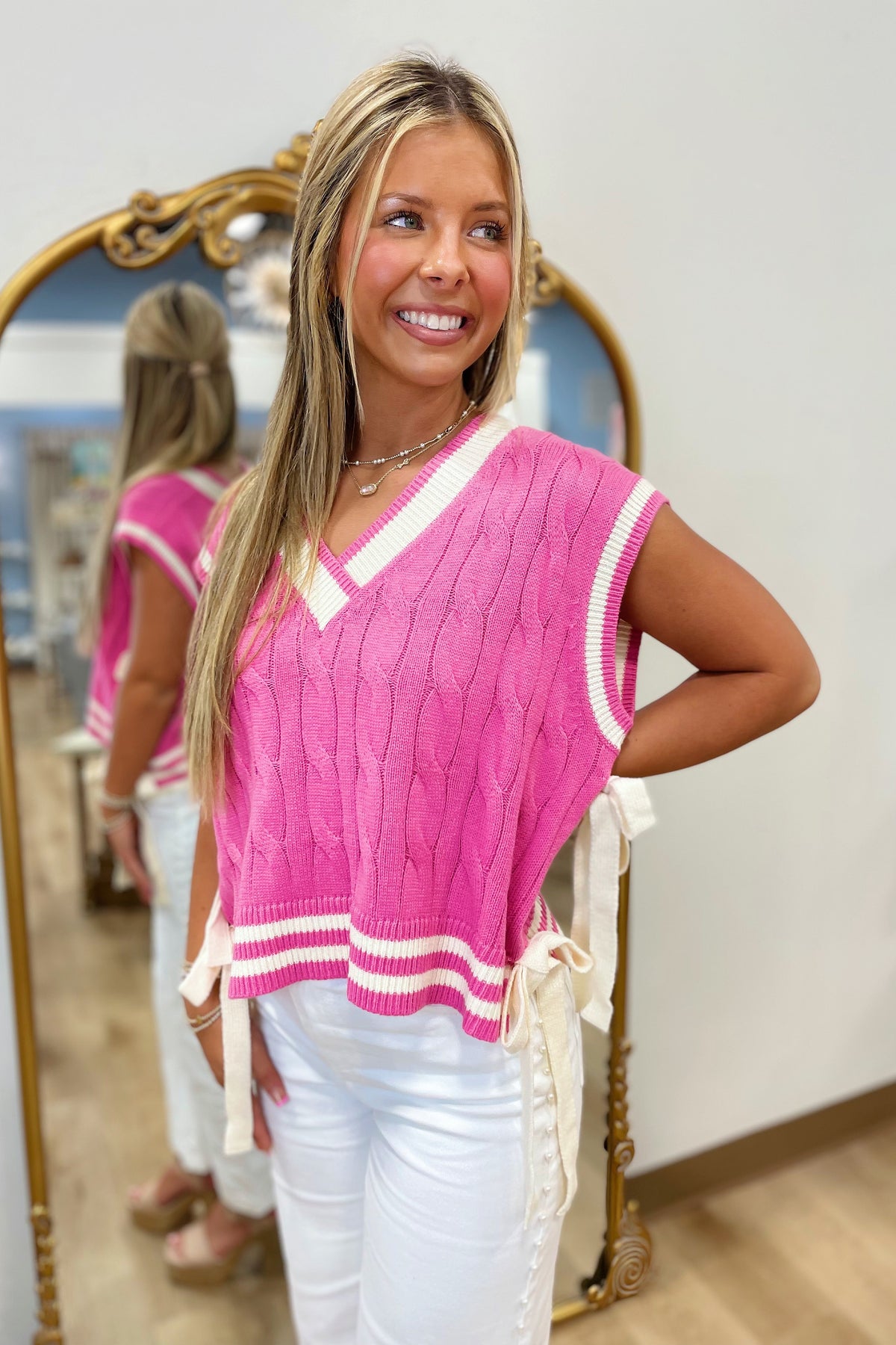 Galentine Sweater Vest w Bows Pink