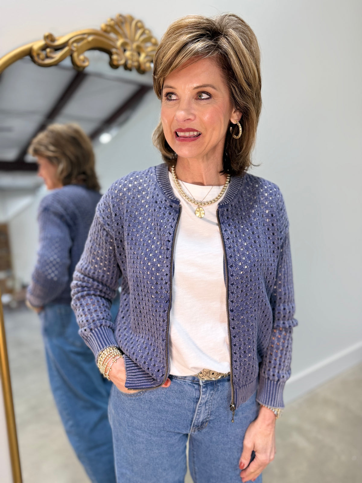 PBJ Full Zip Textured Cardigan Blue
