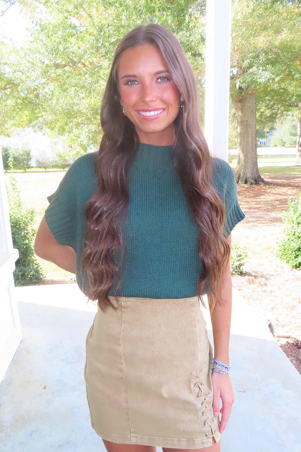 Harvest Time Mock Neck SS Sweater Top Emerald