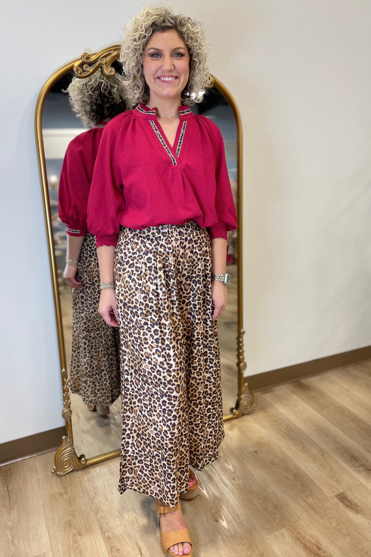 Umgee Leopard Trim Blouse Crimson