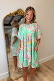 Umgee Pleated Round Neck Bubble Sleeve Dress Sage