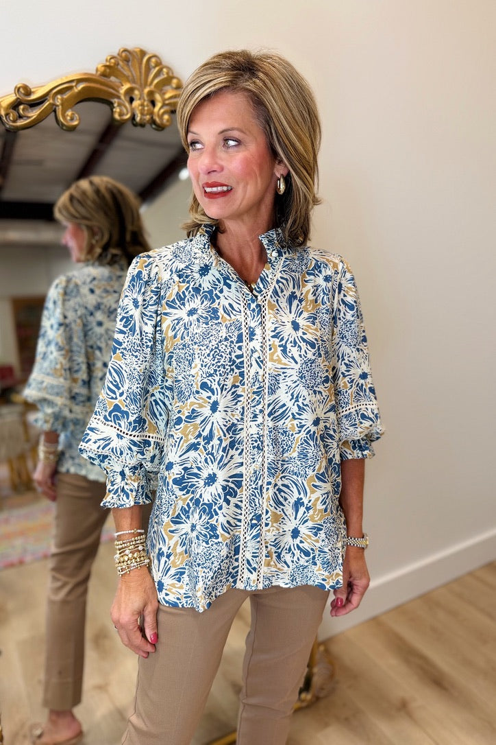 Umgee Floral Print Blouse Denim Blue