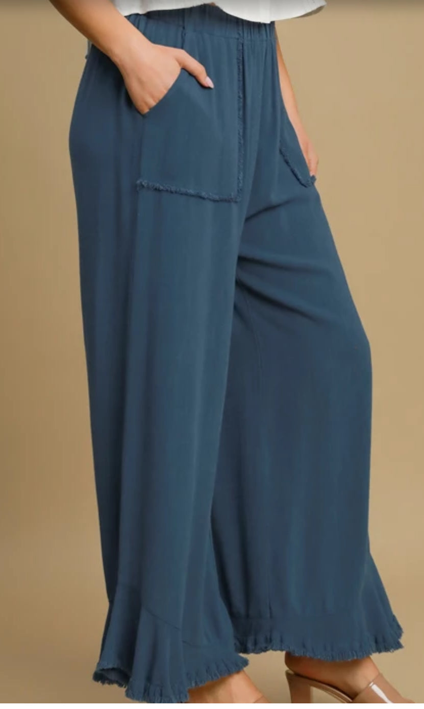 Umgee Linen Pant w Patch Front Pockets Slate Blue